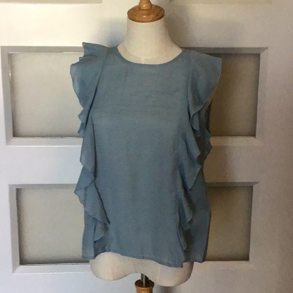Slate blue flutter sleeve top.